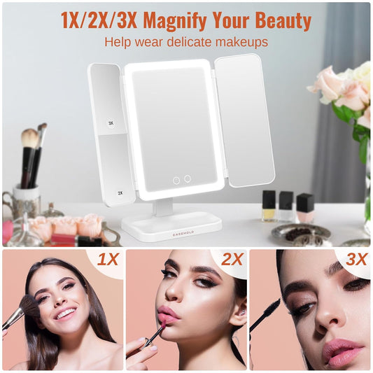 Lighted Makeup Mirror with 3X Magnification, 3 Color Lights & Touch Sensor - Rechargeable Trifold Vanity Mirror for Travel, Desk, Home Use