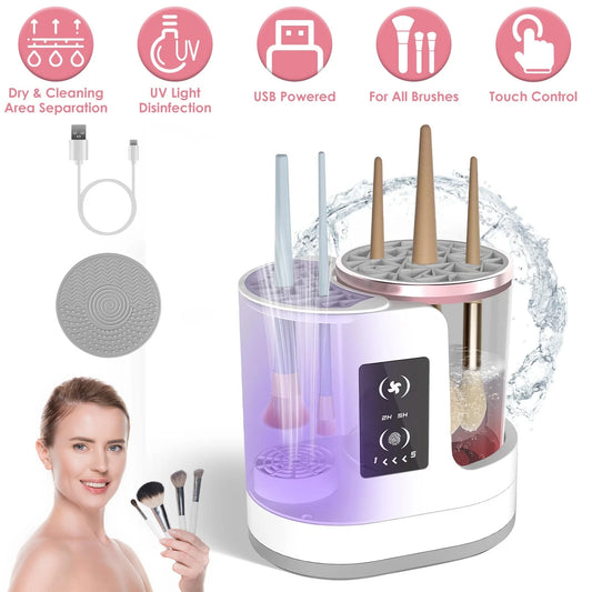 4 in 1 Electric Makeup Brush Cleaner USB Powered Automatic Brush Blender Machine with Timer Digital Display Cleaning Drying UV Disinfection Brush Storage for All Types of Brushes