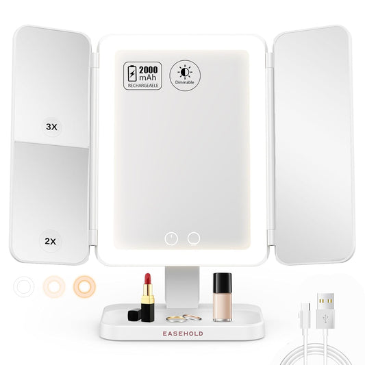 Lighted Makeup Mirror with 3X Magnification, 3 Color Lights & Touch Sensor - Rechargeable Trifold Vanity Mirror for Travel, Desk, Home Use